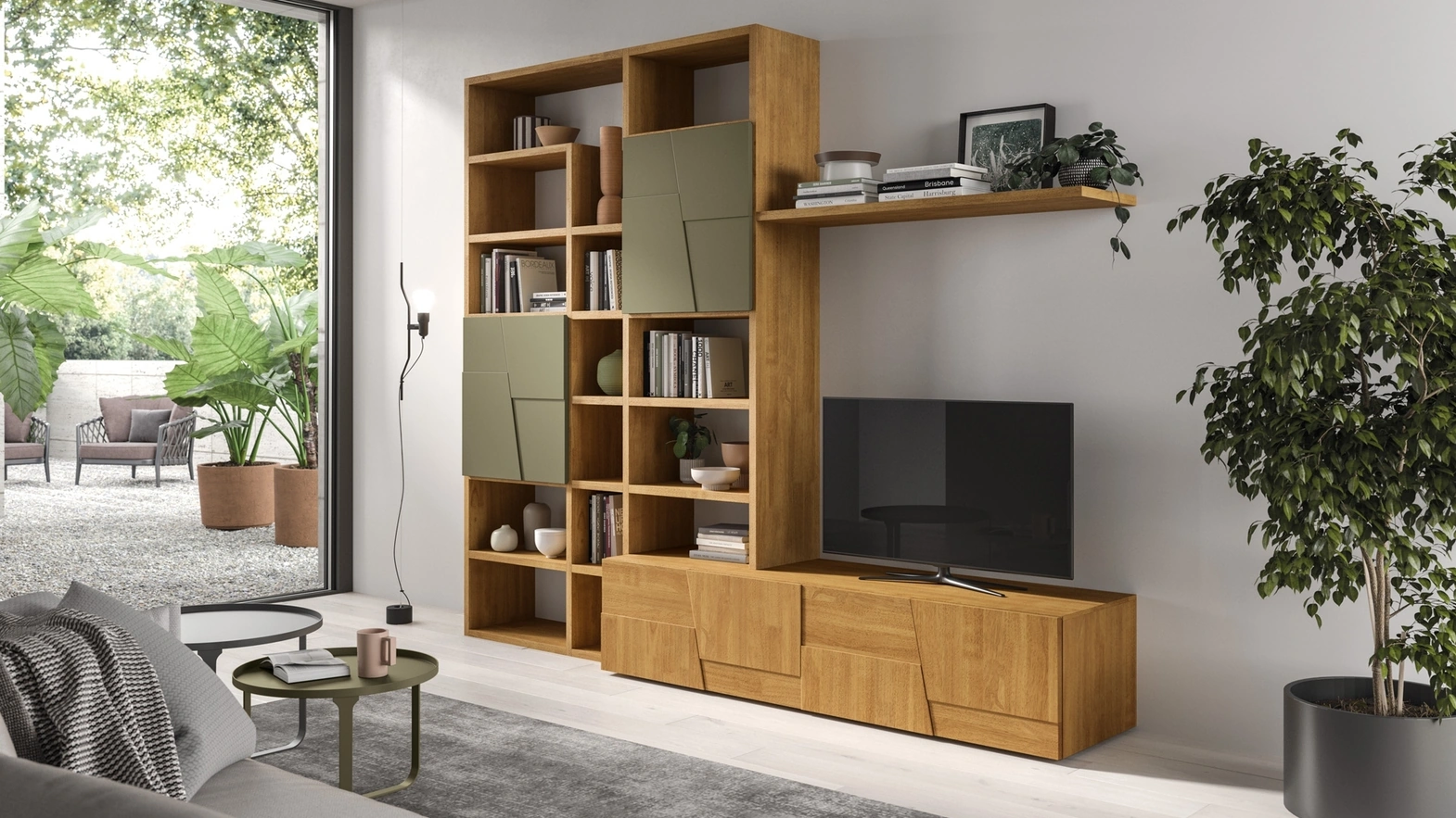 Mixer 01A wall-mounted bookcase in wood and lacquered finish by FGF Mobili