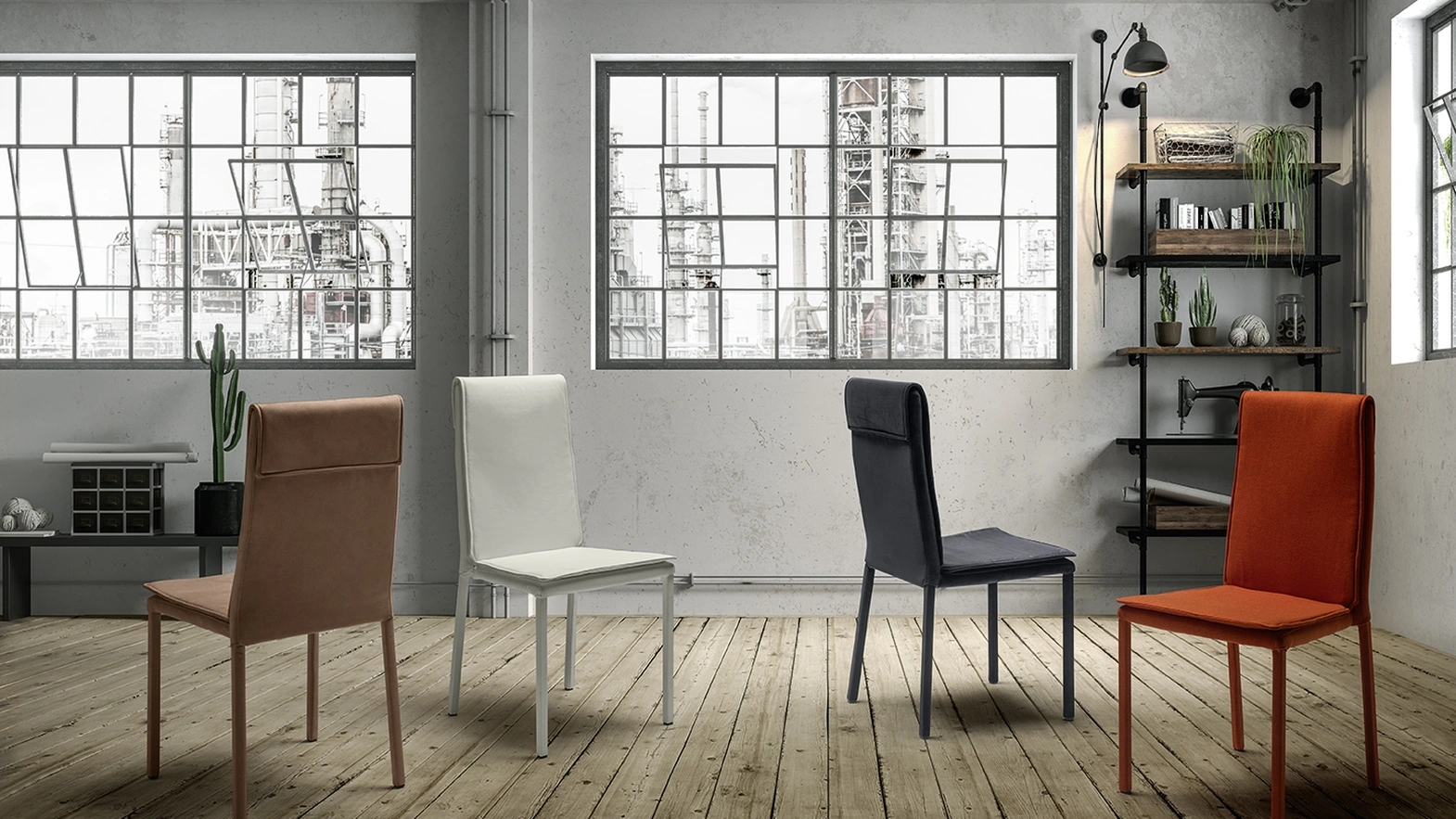 Kilt Atelier stackable chair upholstered in Zamagna leather or fabric