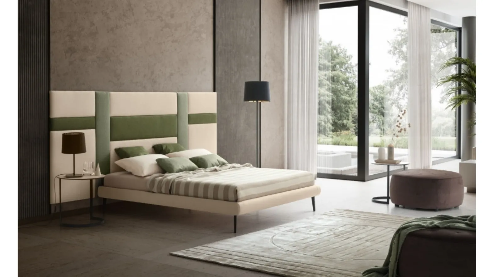 Fabric bed with Ground headboard by Le Comfort.
