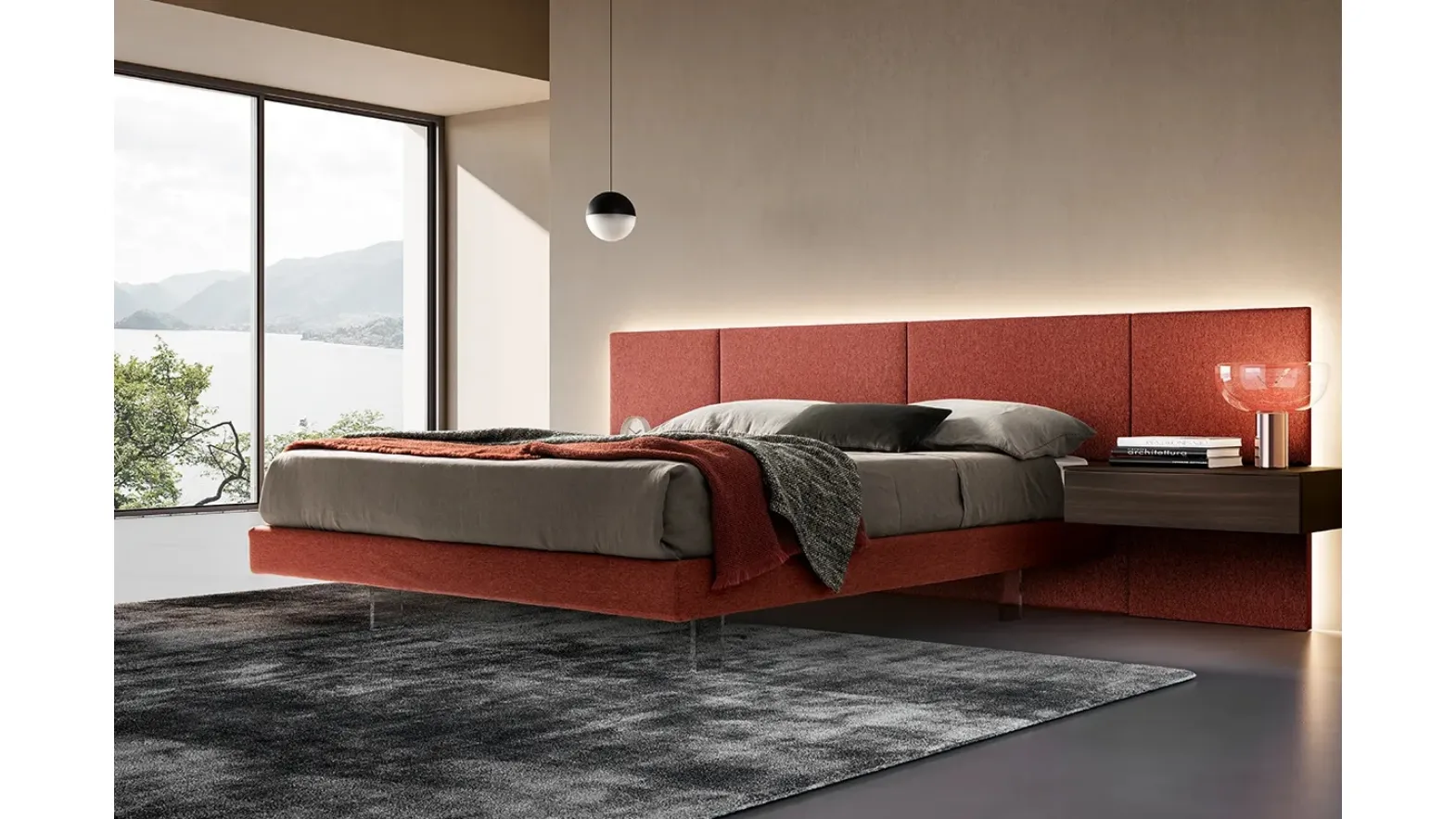 Adok's Modula bed in fabric with transparent feet.