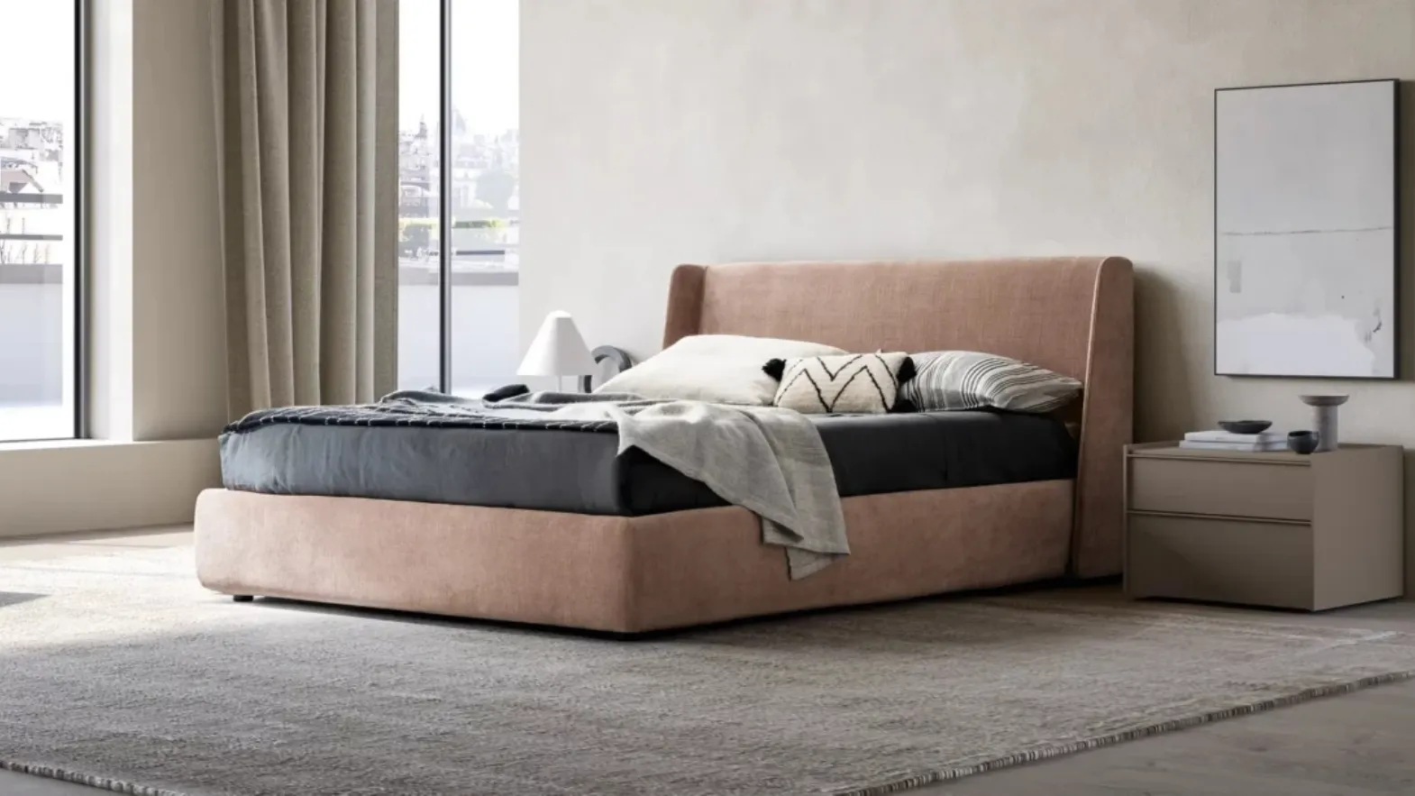 Double bed in fabric with Wave headboard and storage container by Adok