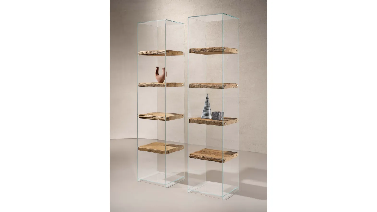 Frost bookcase with transparent glass structure and shelves in natural century-old wood by Nature Design