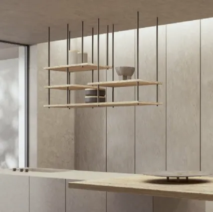 Suspended Random Kitchen shelf with natural Centennial wood shelves and metal structure by Nature Design.