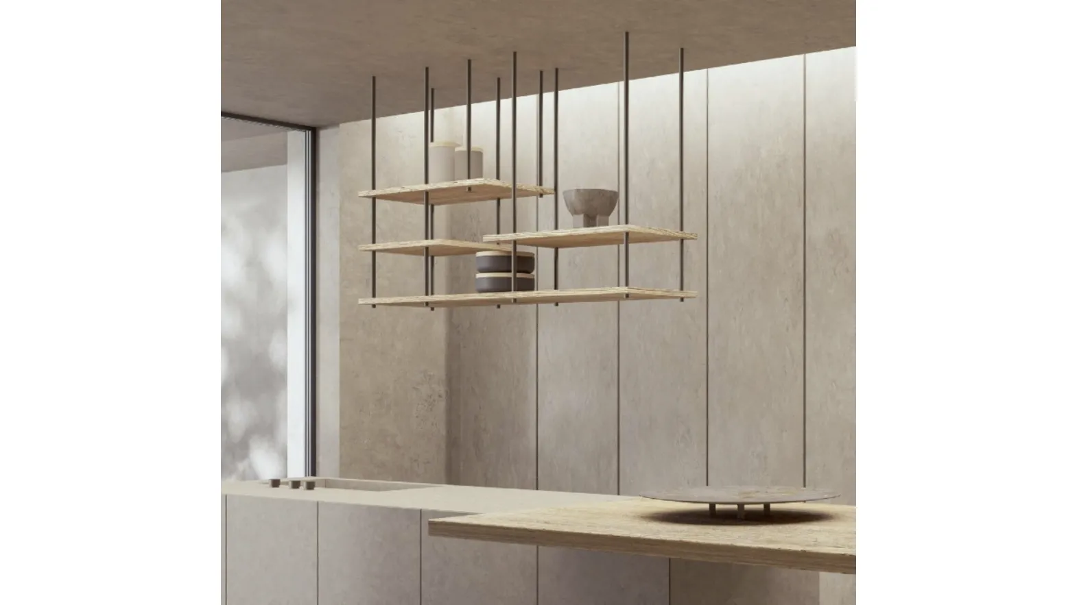 Suspended Random Kitchen shelf with natural Centennial wood shelves and metal structure by Nature Design.
