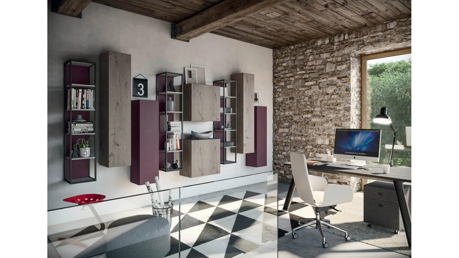 Rebel CF 172 wooden and lacquered bookcase by Fimar.