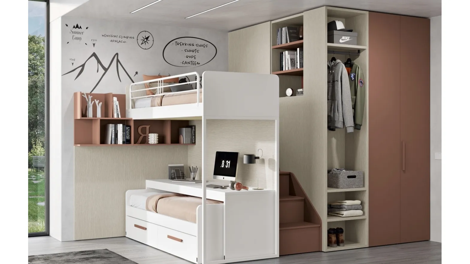 Bedroom 106 with loft and sliding bed by Ferrimobili.