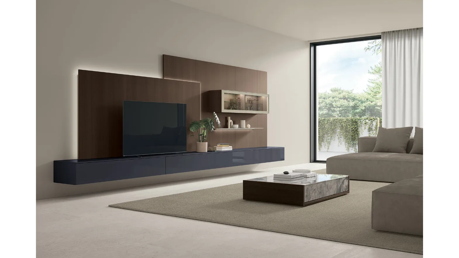 Kenzo coffee table in glass decor and textured oak by Tomasella.