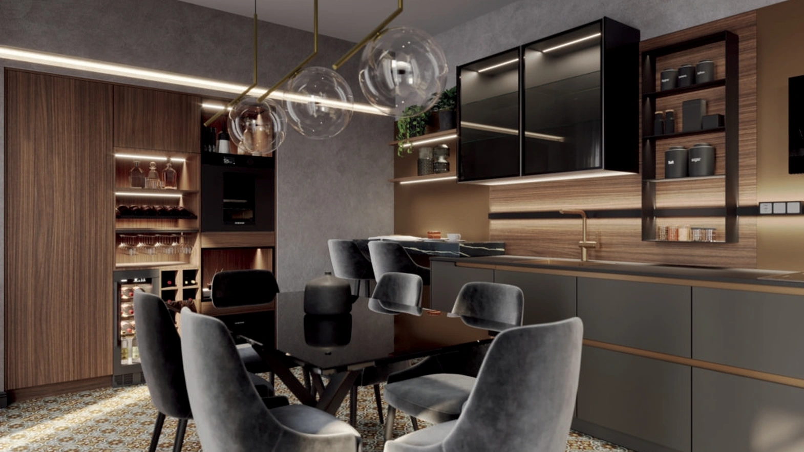 Modern Linear Kitchen Black Walnut by Life Cucines