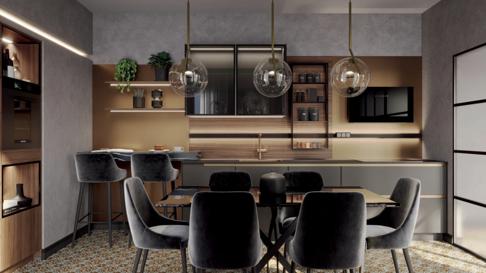 Life Cucine Modern Linear Kitchen in Black Walnut