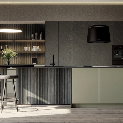 Modern Kitchen with Green Stone Island in Material Laminate and Lacquered Finish by Life Cucine