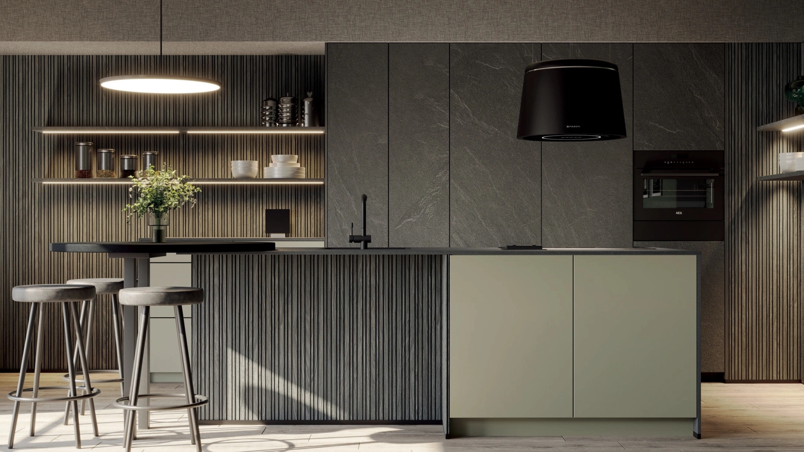 Modern Kitchen with Green Stone Island in Material Laminate and Lacquered Finish by Life Cucine