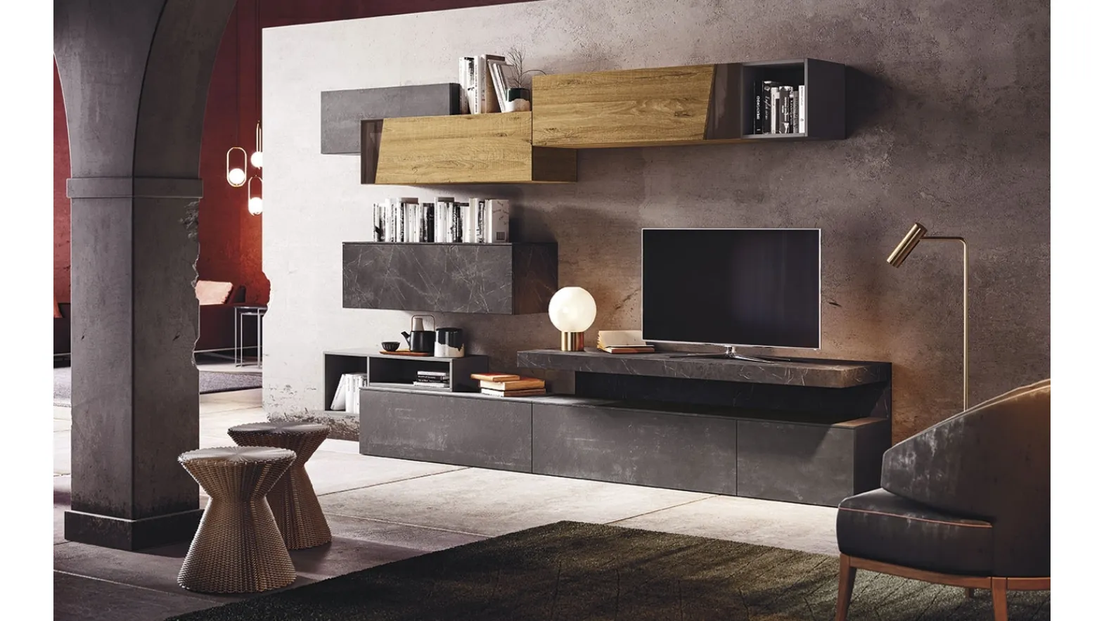 Wall unit in melamine with glass inserts Club Decor Living Glass A by 2B Italia.