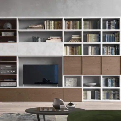 Wall system Shoulder System Comp SA2222 in cement gray melamine and hazelnut veneer by Maronese.