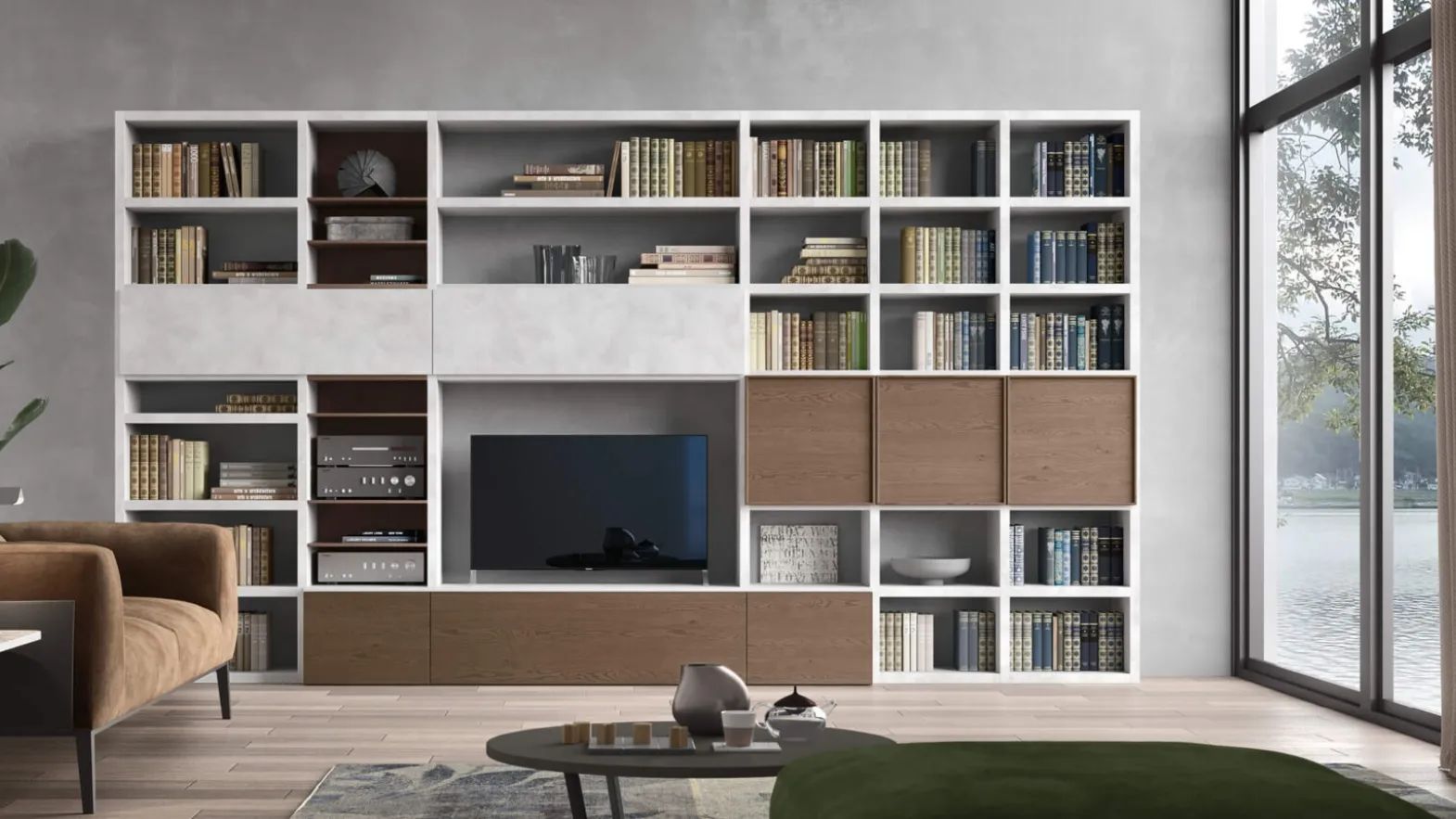 Wall system Shoulder System Comp SA2222 in cement gray melamine and hazelnut veneer by Maronese.