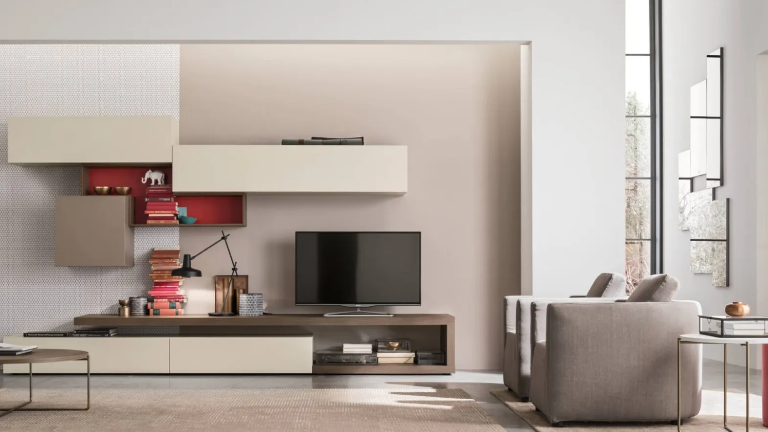 Wall unit Unix Comp SU2110 in Tobacco Elm essence and Cashmere lacquered by Maronese
