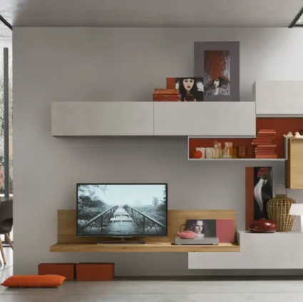 Unix Comp SU2224 equipped wall unit in White Cement Melamine and Honey Veneer by Maronese.