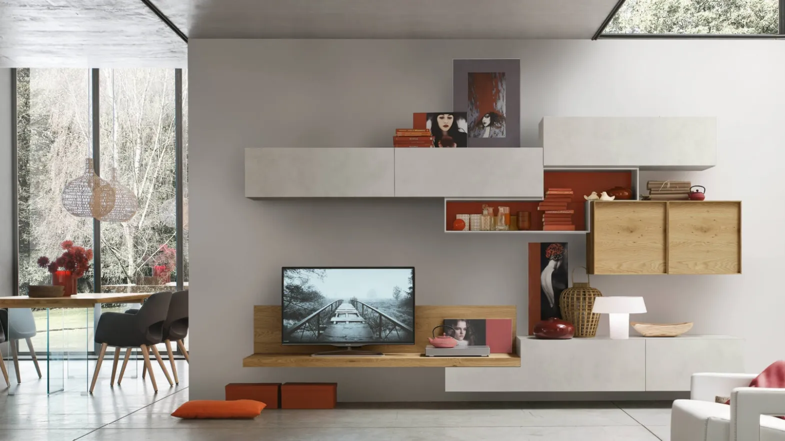 Unix Comp SU2224 equipped wall unit in White Cement Melamine and Honey Veneer by Maronese.