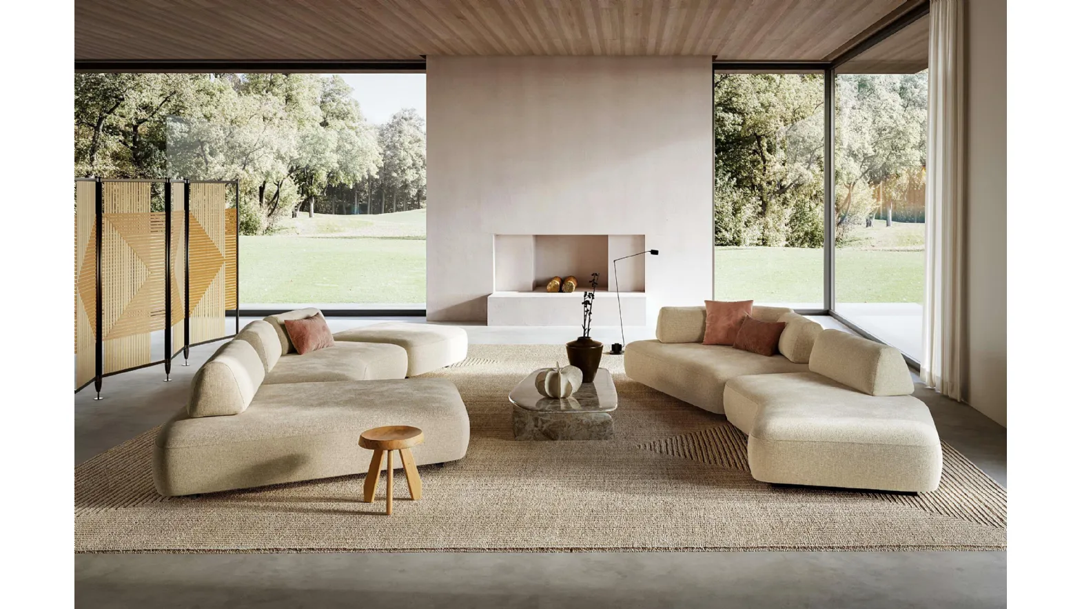 Capriccio fabric living room with peninsula and linear sofa by Le Comfort.
