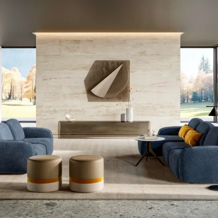 Susa fabric living room with peninsula and linear by Le Comfort.