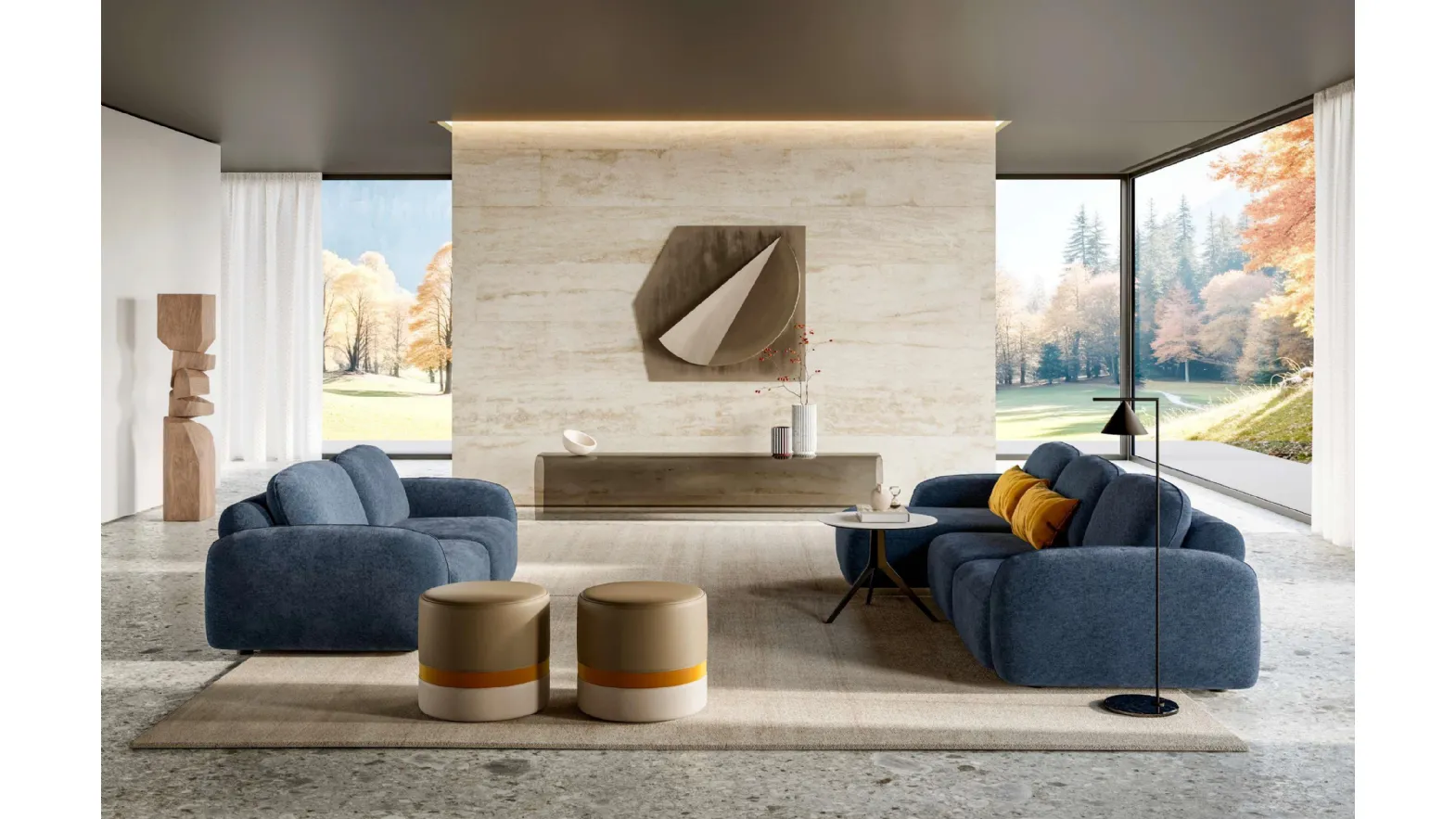 Susa fabric living room with peninsula and linear by Le Comfort.