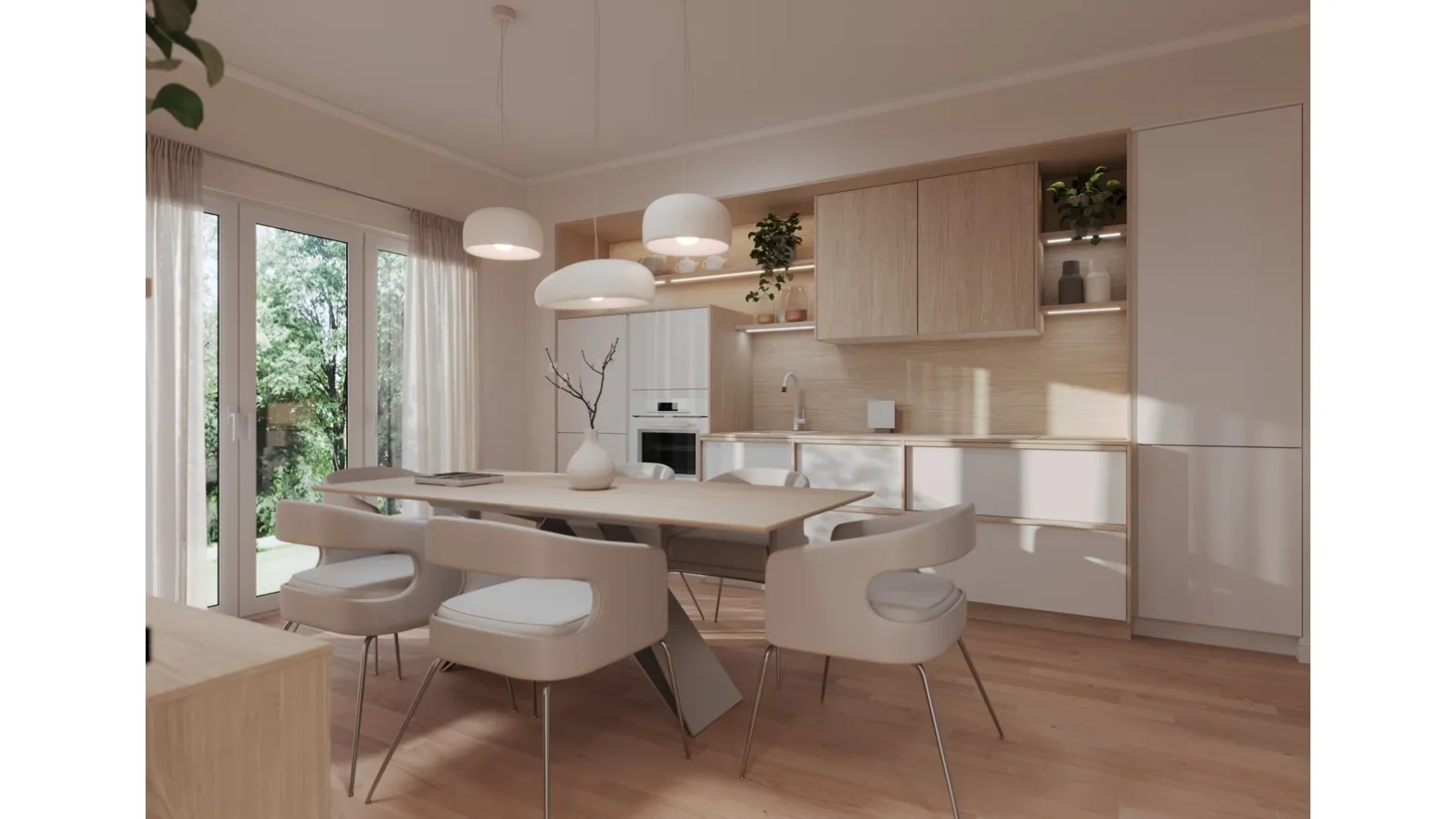 Modern Linear Kitchen Haiku in Silk Lacquer and Oak Laminate by Life Cucine