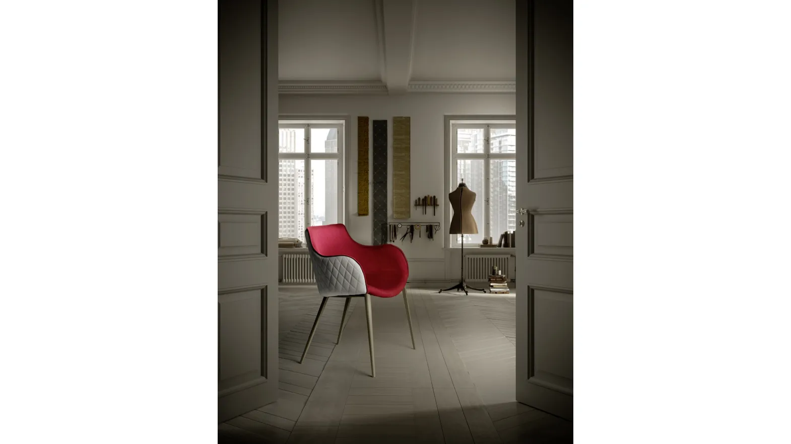 Duke/B chair in two-tone fabric and quilted leather by Zamagna