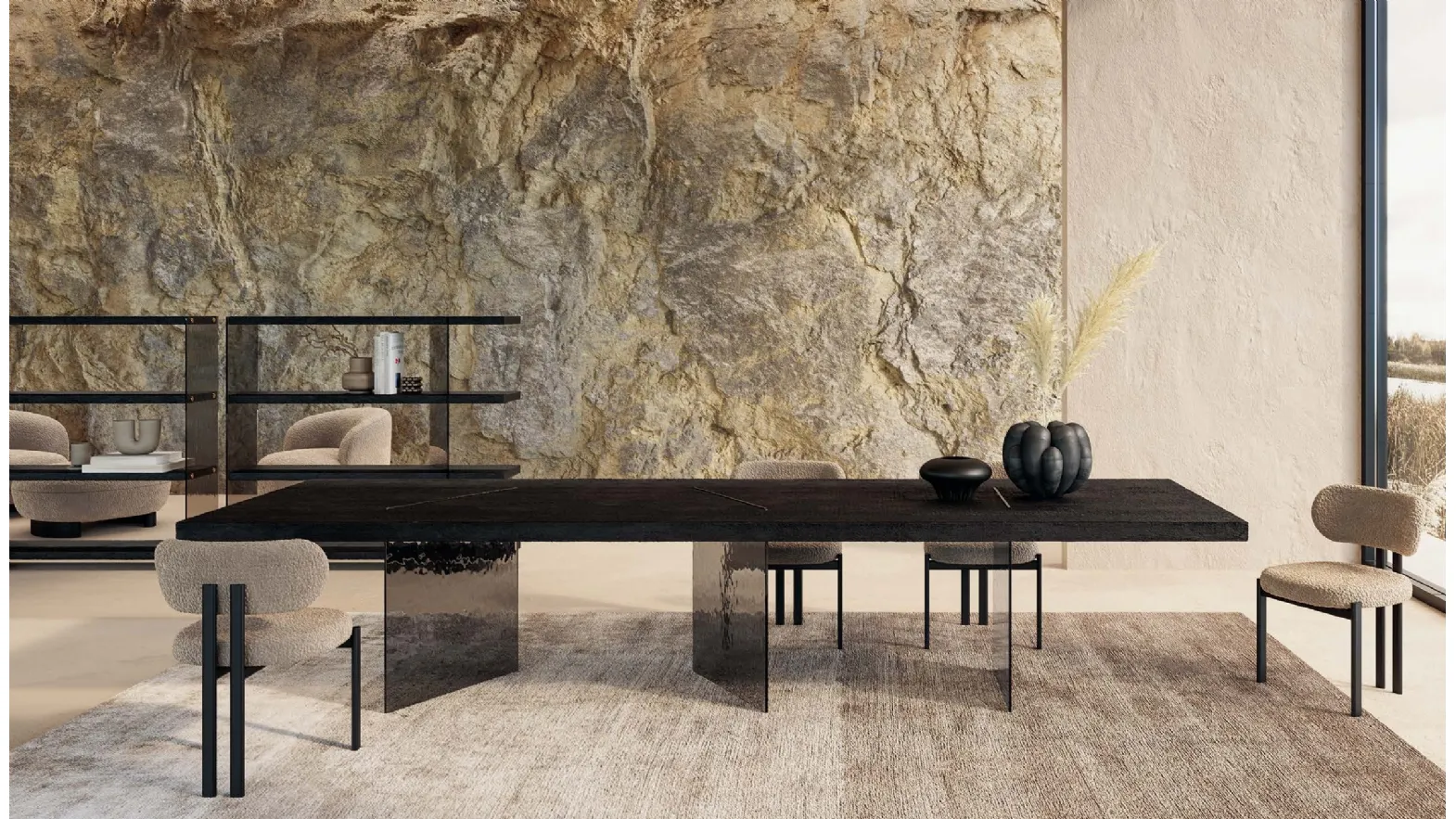 Harvest Murano table with black ash top and glass base by Nature Design.