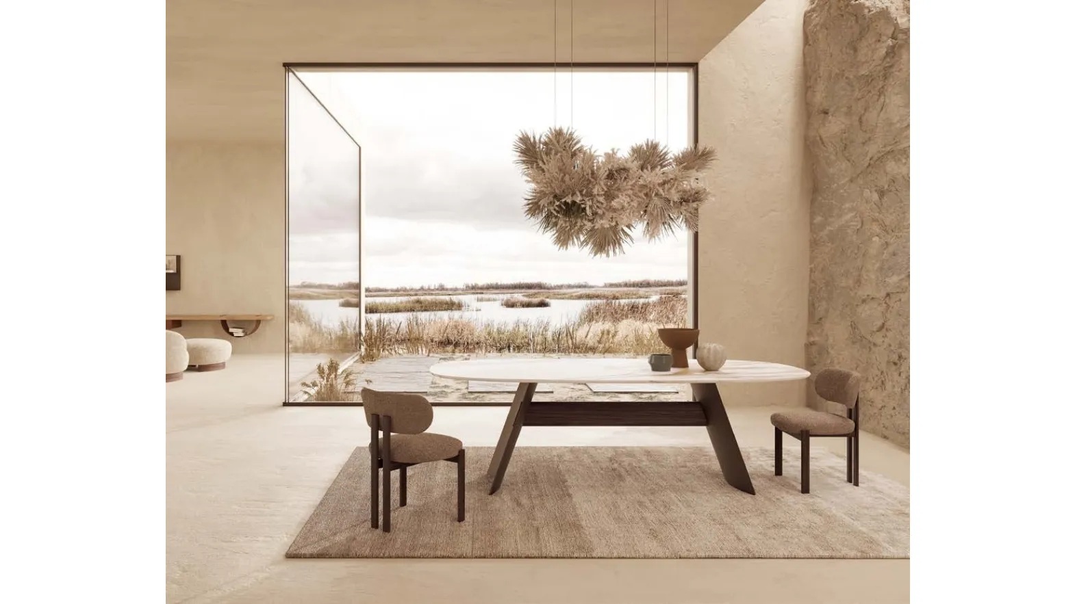 Wave table with Calacatta Gold ceramic top, metal base and wooden beam by Nature Design.