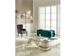 Wave glass coffee table with fossil stone base by Stones.