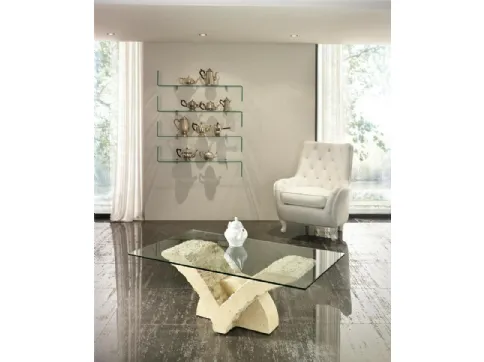 Butterfly coffee table with fossil stone base and tempered glass top by Stones.