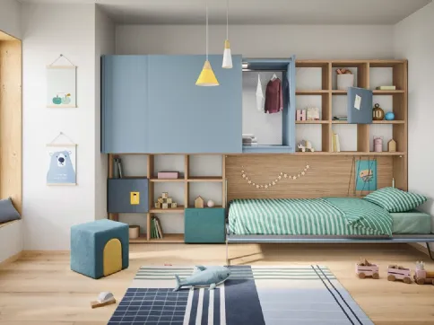 Bedroom in wood and denim lacquered with Kids space 29 folding bed by Nidi