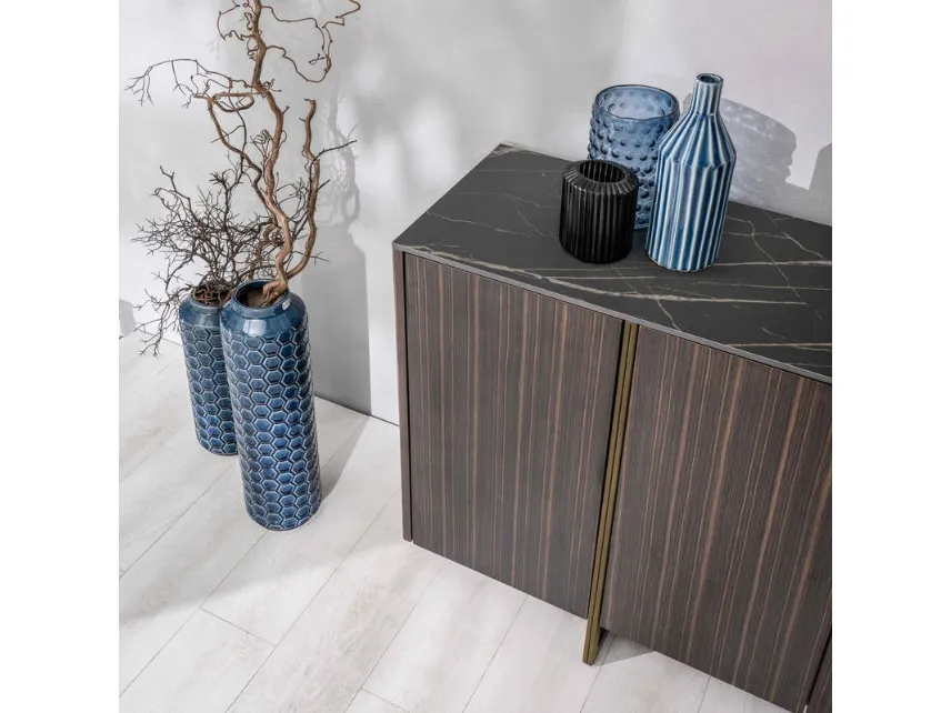 Omega sideboard in veneered MDF with Ebony finish and Nero Portoro marble ceramic top by Stones