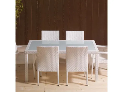 Wicker Table in white glass with aluminum structure covered in hand-woven polypropylene fiber by La Seggiola