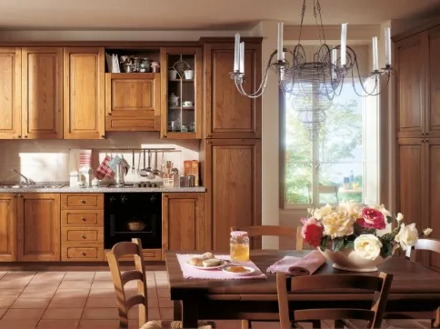 Traditional kitchen in solid chestnut, made up of closed doors and drawers, 2 showcases, wall cabinet, Diana by S75
