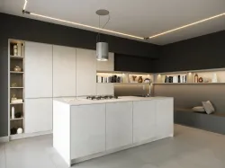 Modern kitchen with gray stone art island by Life Cucine.