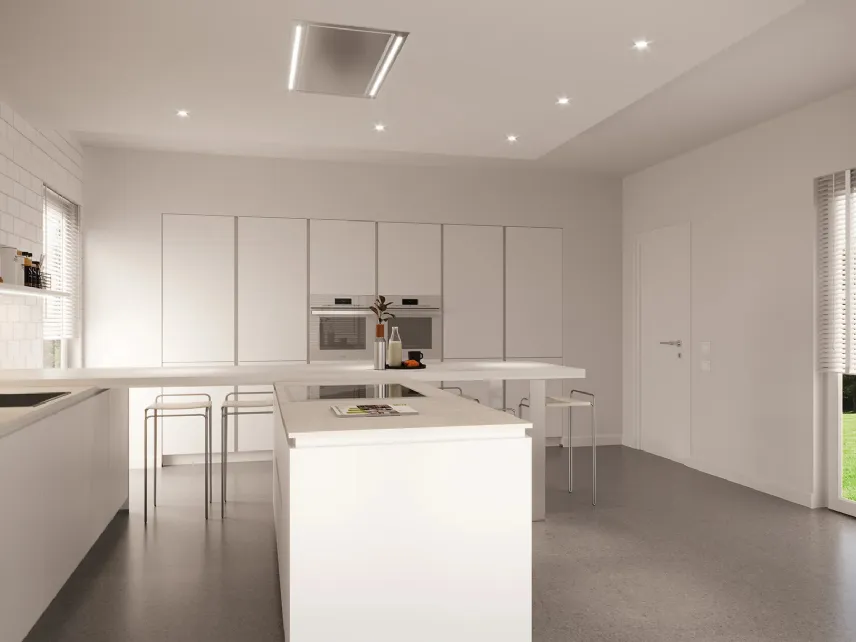Modern kitchen with white Mood peninsula by Life Kitchens.
