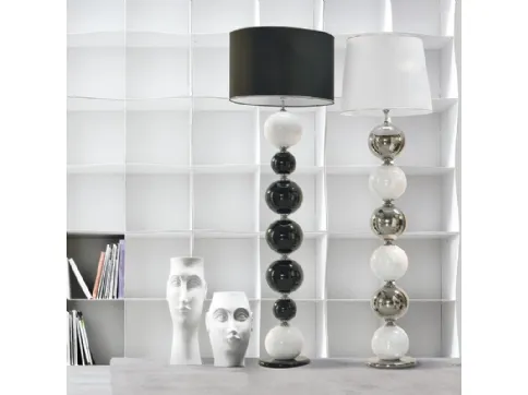 Lamp in white or black fabric and in white and platinum or black and platinum glazed ceramic Pearl Floor by Adriani and Rossi