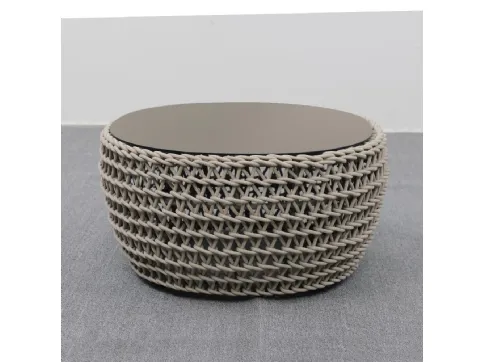 Couch coffee table with painted aluminum top and aluminum structure covered with woven rope by La Seggiola